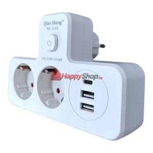 Щепсел 2500W с 2 гнезда, 2 x USB, 1 x USB-C FastCharge 20W